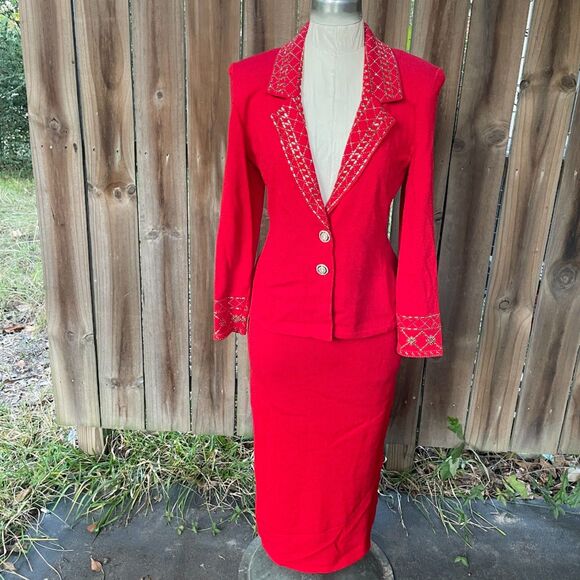 Vintage TOULA SANTANA KNIT Skirt Suit Red Embellished Midi Pencil sz 8 - Picture 1 of 11